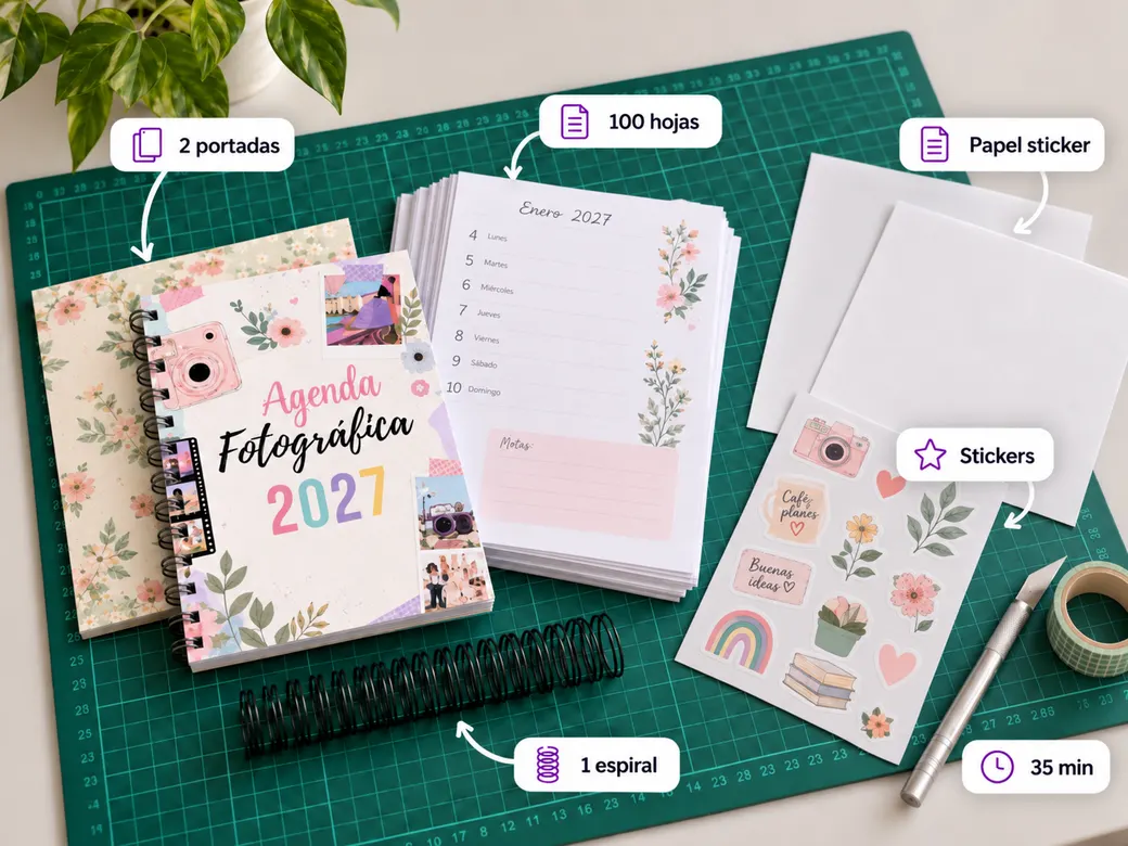 Una agenda desarmada en sus partes: dos portadas, cien hojas, una espiral, stickers y 35 minutos.