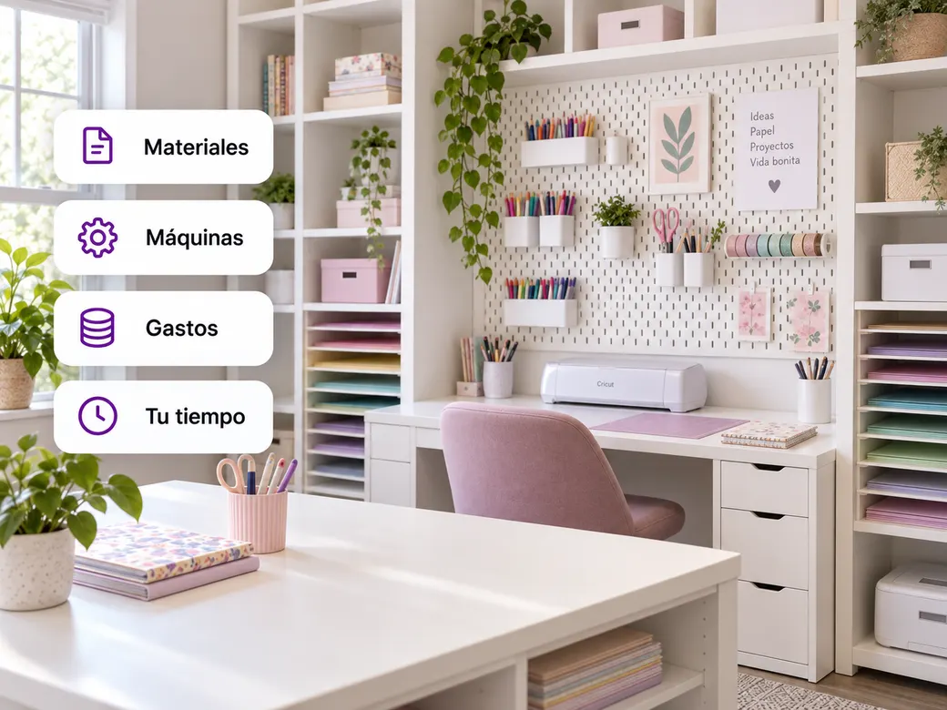 Un taller de papelería creativa con cuatro rótulos: materiales, máquinas, gastos y tu tiempo.