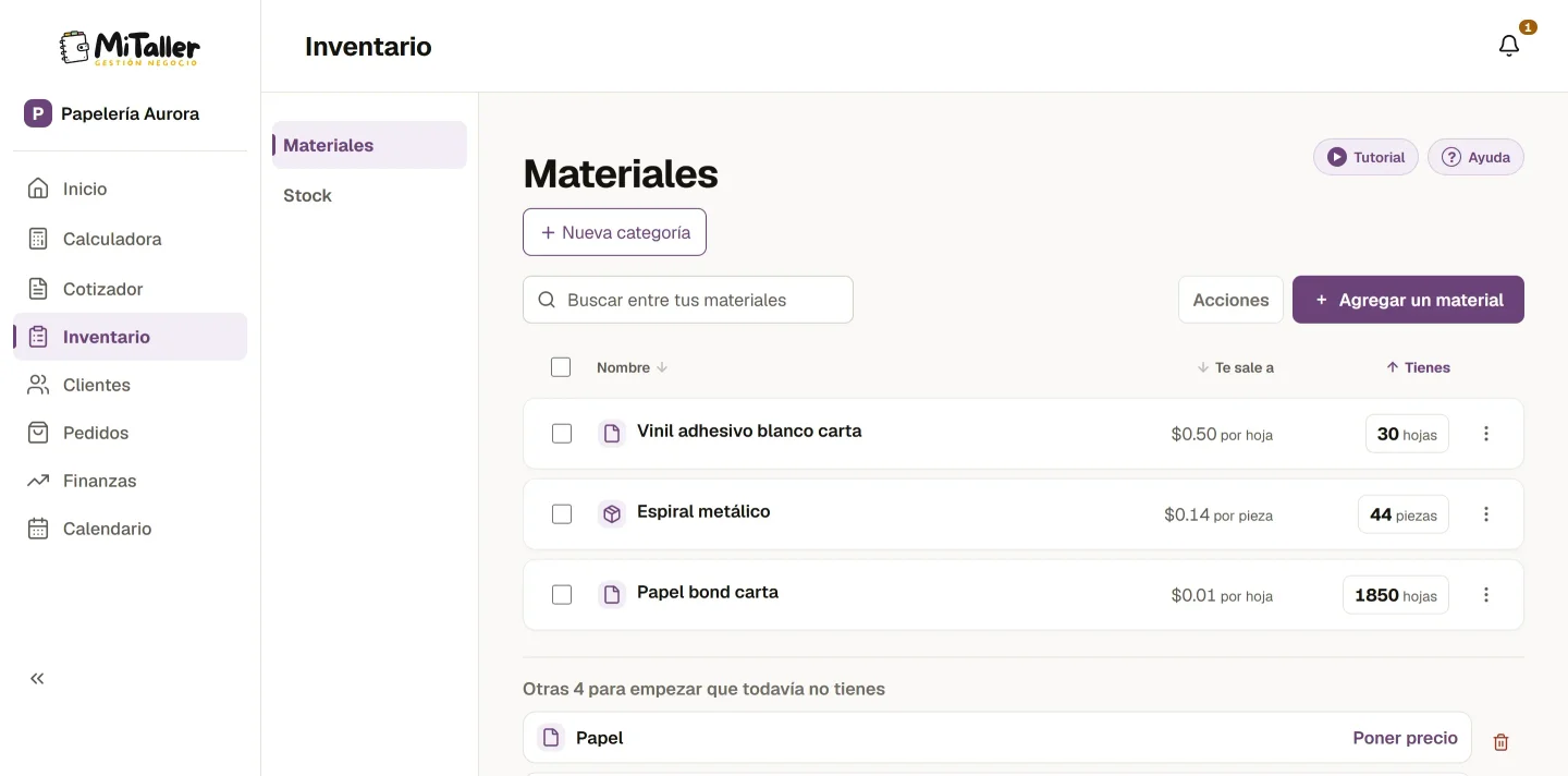 El inventario, con las existencias de cada material y qué toca reponer.
