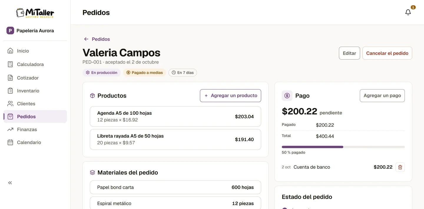 Un pedido con sus productos, su pago, los materiales que lleva y sus etapas.
